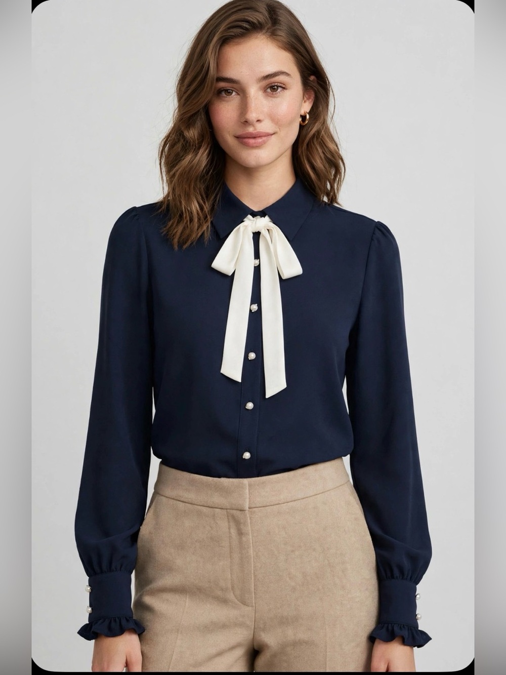 Adrianna Papell Navy Blouse with Cream Bow Tie and Pearl Buttons